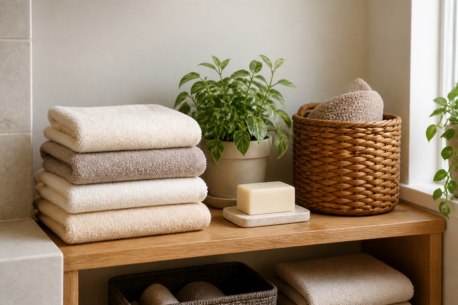 A tidy small bathroom with fresh white towels on a rail and a simple shower curtain