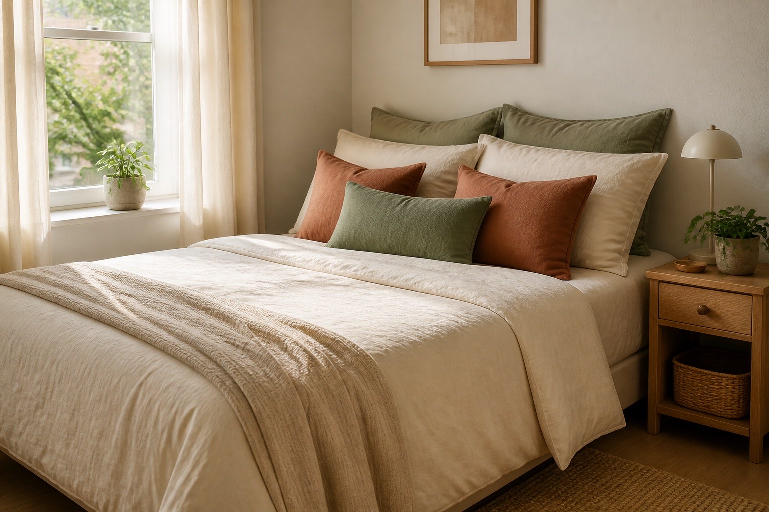 A cozy bedroom in warm neutrals with layered bedding and a small lamp glowing on the nightstand