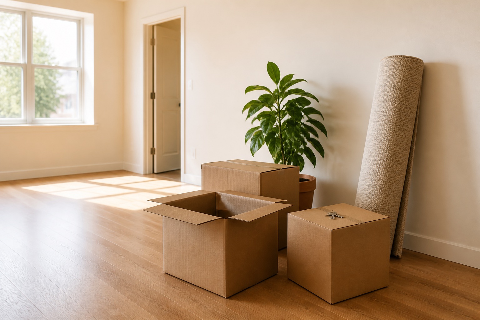 Open cardboard boxes and fresh essentials laid out in an empty first apartment