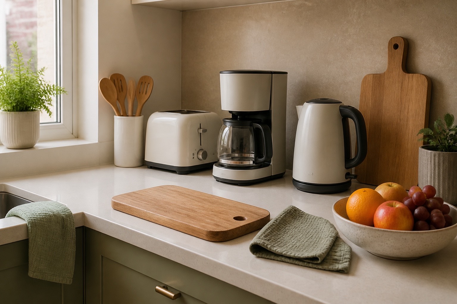 A first kitchen with a skillet on the stove and core cooking tools on a warm counter