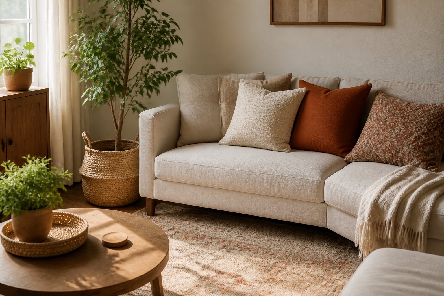 A small living room with a compact cream sofa, woven rug, floor lamp, and a leafy plant
