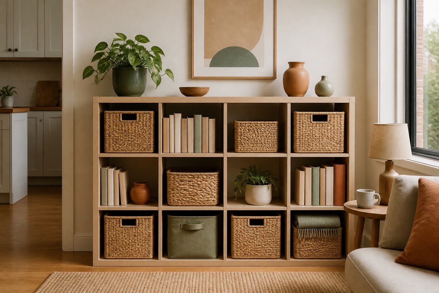 Organized shelving with labeled woven baskets and neatly folded linens in a small space