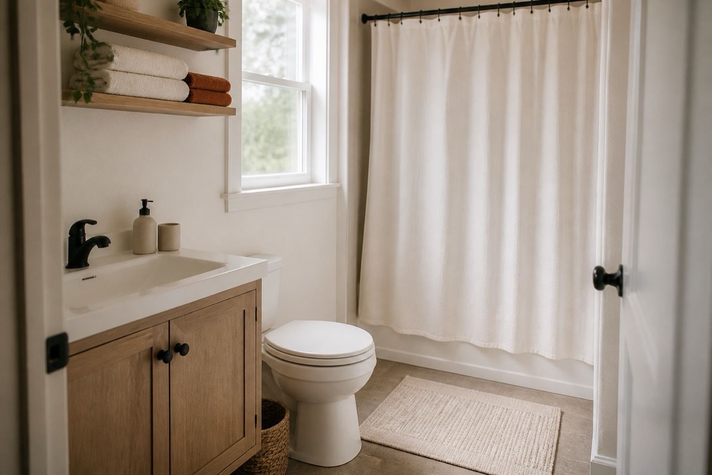 A small clean bathroom styled with fresh folded towels in cream and rust, a bath mat, a shower curtain and a few simple toiletries on a shelf