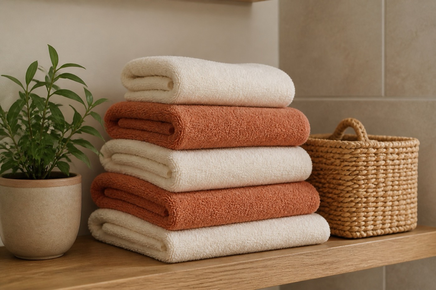 A styled stack of neatly folded bath towels in cream and terracotta with a small potted plant and a woven basket on a bathroom shelf