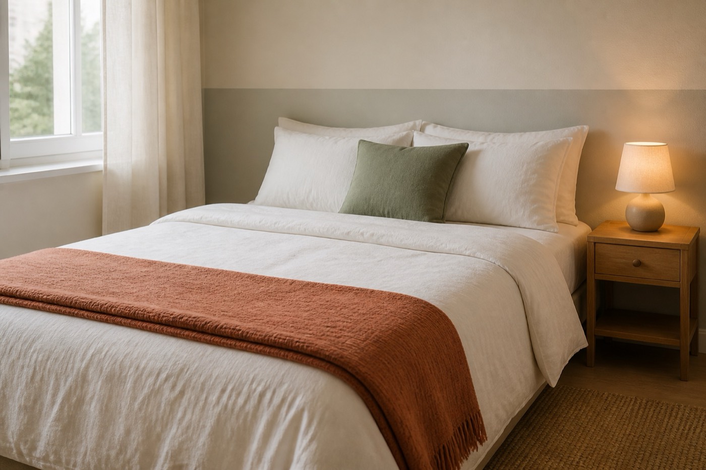 A cozy first bedroom with a neatly made bed in cream linens, a terracotta throw and a sage cushion, and a simple wooden nightstand with a small lamp