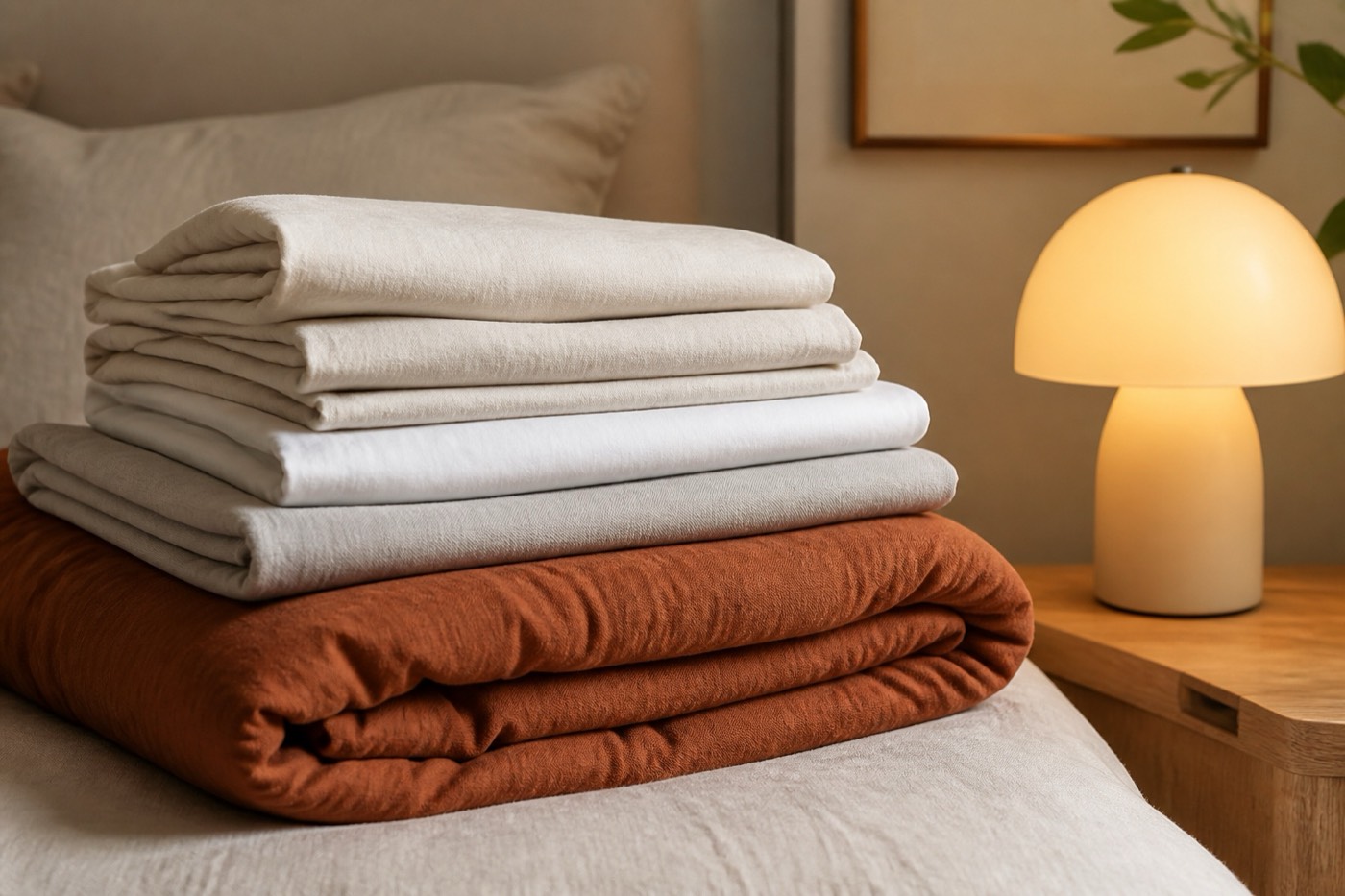 Neatly folded neutral sheets and a rust-colored comforter on the corner of a bed, with a small lamp glowing warmly