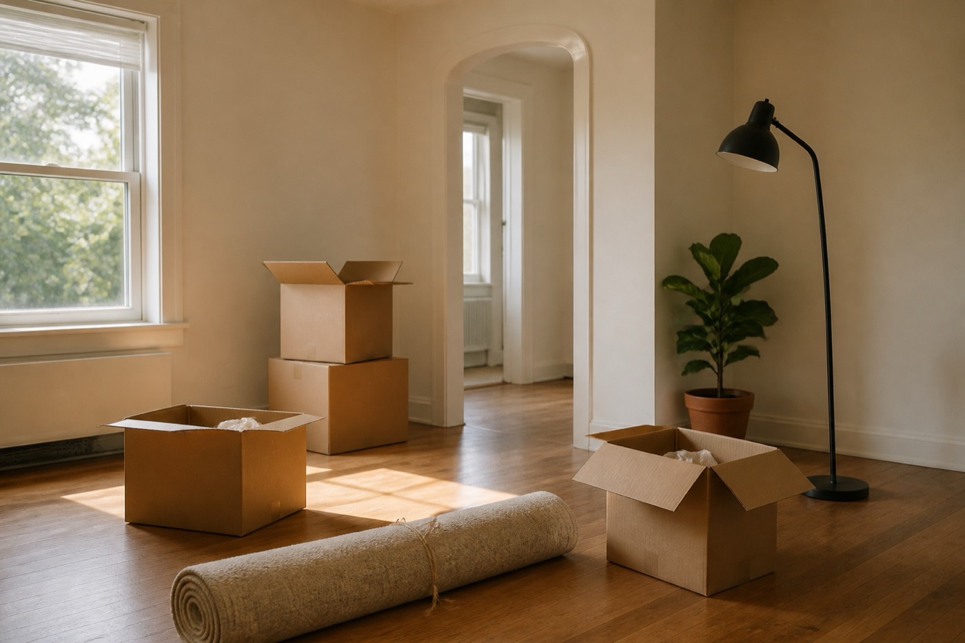 A first apartment mid-setup with a few unpacked cardboard boxes and a few essentials placed around a bright room in hopeful morning light