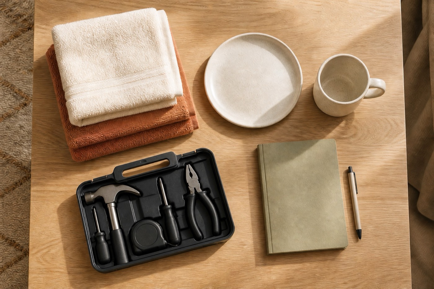 A flat-lay of core first-home essentials neatly arranged — folded towels, a plate and mug, a small toolkit, and a notebook and pen