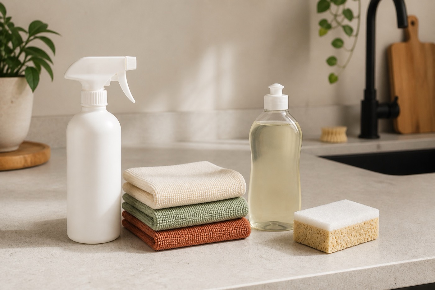 A compact set of cleaning essentials on a counter — spray bottle, folded microfiber cloths, and dish soap