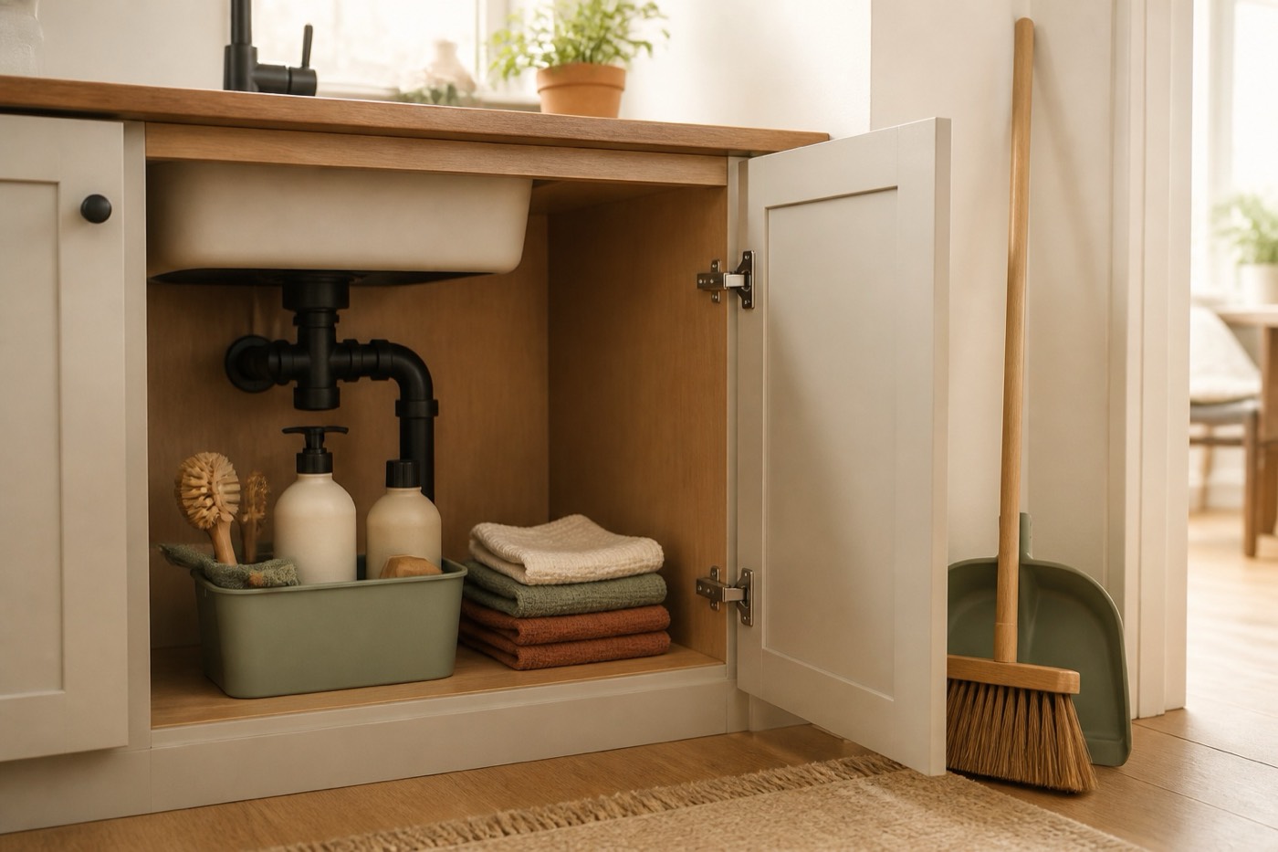 A tidy cleaning caddy and under-sink setup — a broom and dustpan leaning nearby, a compact caddy of bottles and brushes, and folded cloths
