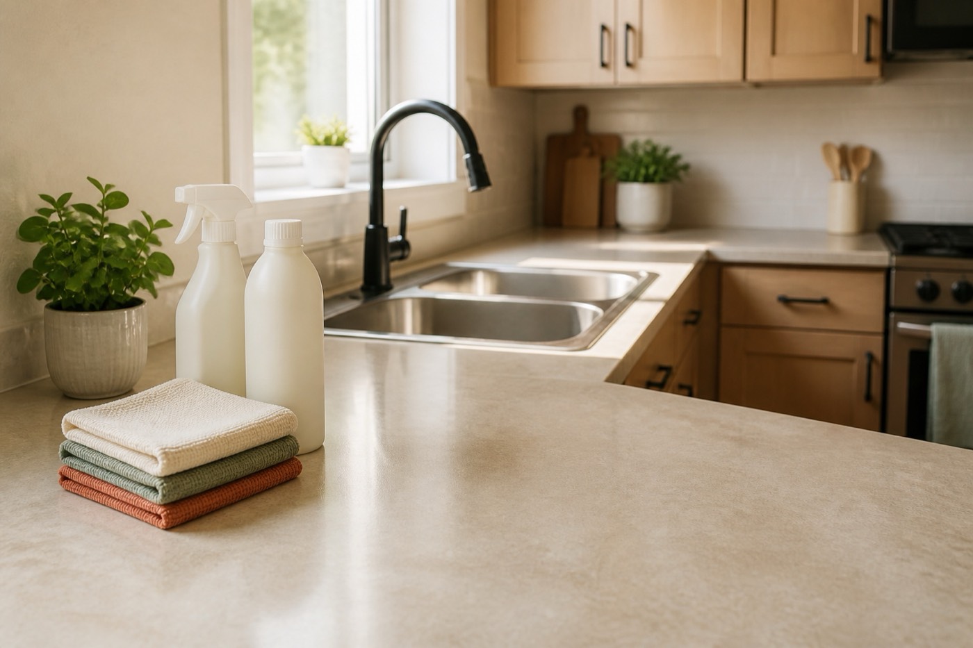 A sunlit, freshly-cleaned corner of a new home — clean floors, a tidy surface, and a small potted plant in warm natural light