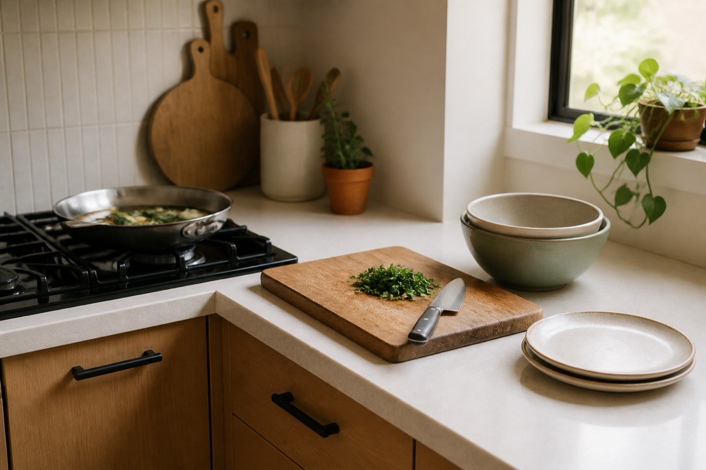 A first-apartment kitchen counter with a skillet on the stove, a wooden cutting board, a chef's knife, nesting mixing bowls and a couple of plates — the core kit in use
