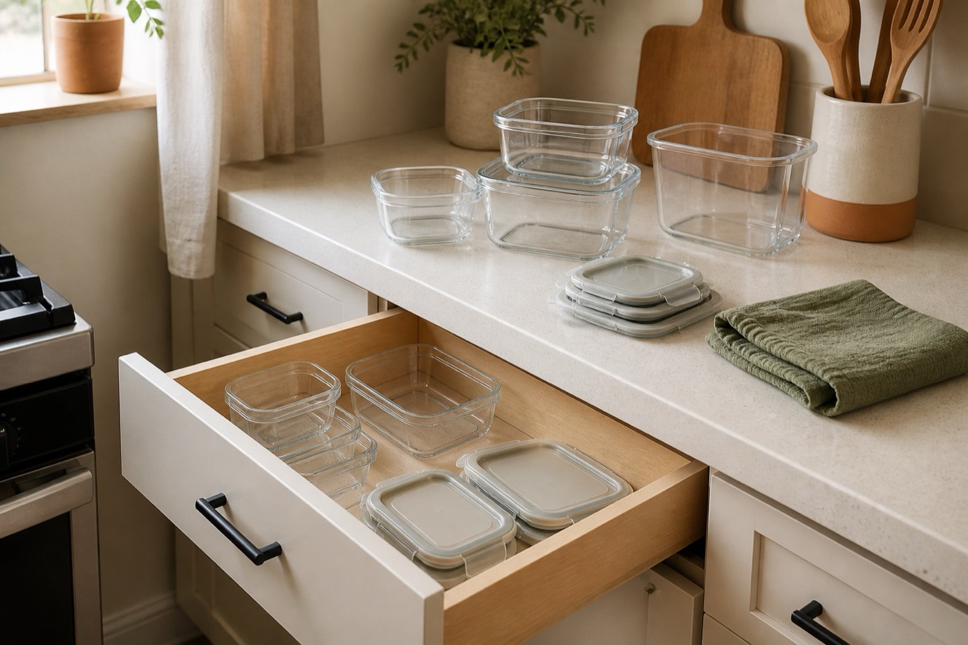 An open kitchen drawer beside a matching set of food-storage containers with lids on a cream counter, a sage dish towel folded nearby