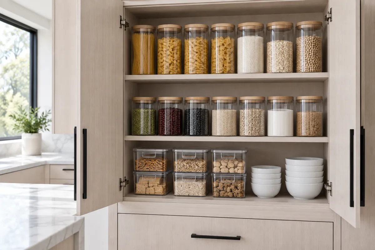 An open pantry cabinet with rows of clear glass jars of pasta, rice, oats, and beans above clear storage bins and stacked white bowls