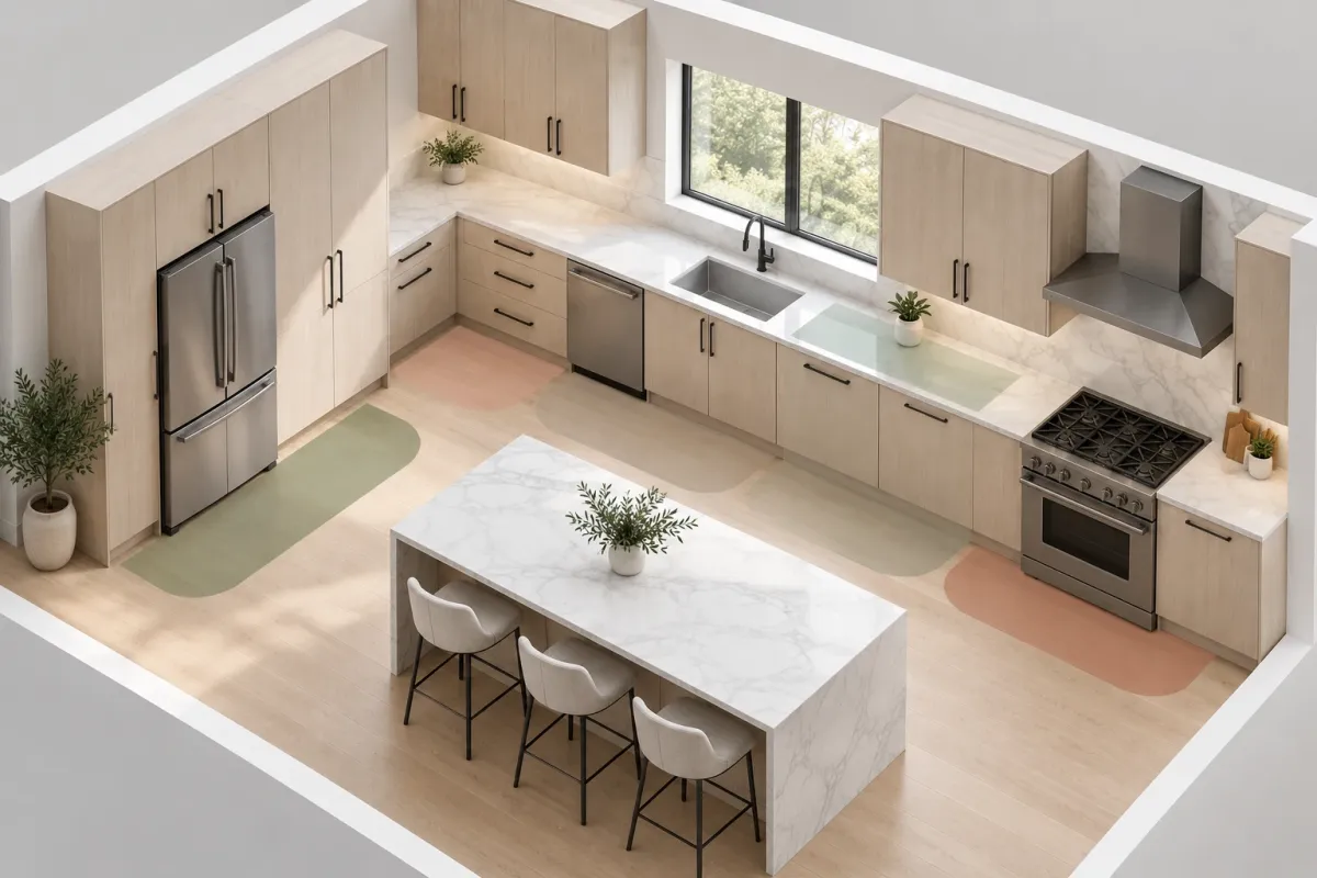 Isometric illustration of an L-shaped kitchen with five colored zones: cooking around the stove, prep on the counter between the sink and stove, cleaning at the sink and dishwasher, everyday dishes in the drawers beside the dishwasher, and food storage by the fridge and pantry.