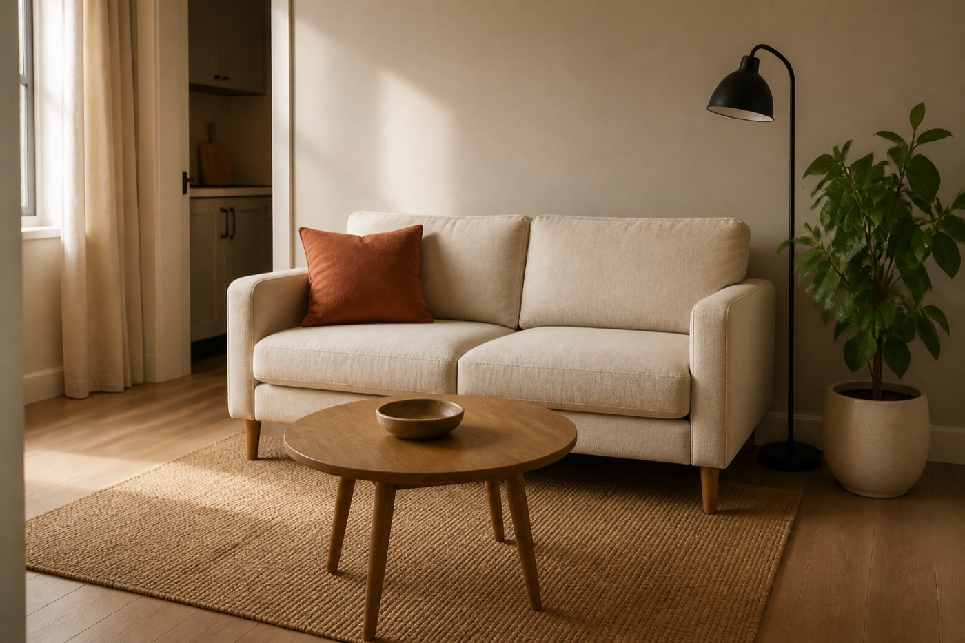 A small first-apartment living room with a compact cream sofa, a terracotta cushion, a small wooden coffee table, a woven rug, a floor lamp and a leafy plant