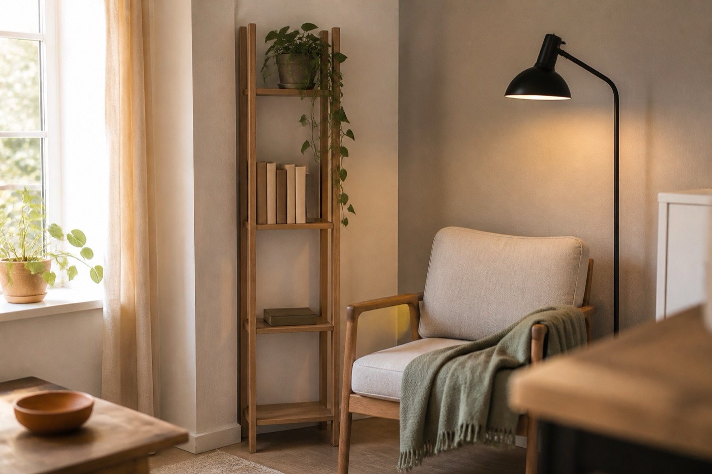A small-space living corner using vertical shelving with books and a plant, a corner floor lamp, and a folded sage throw over a chair