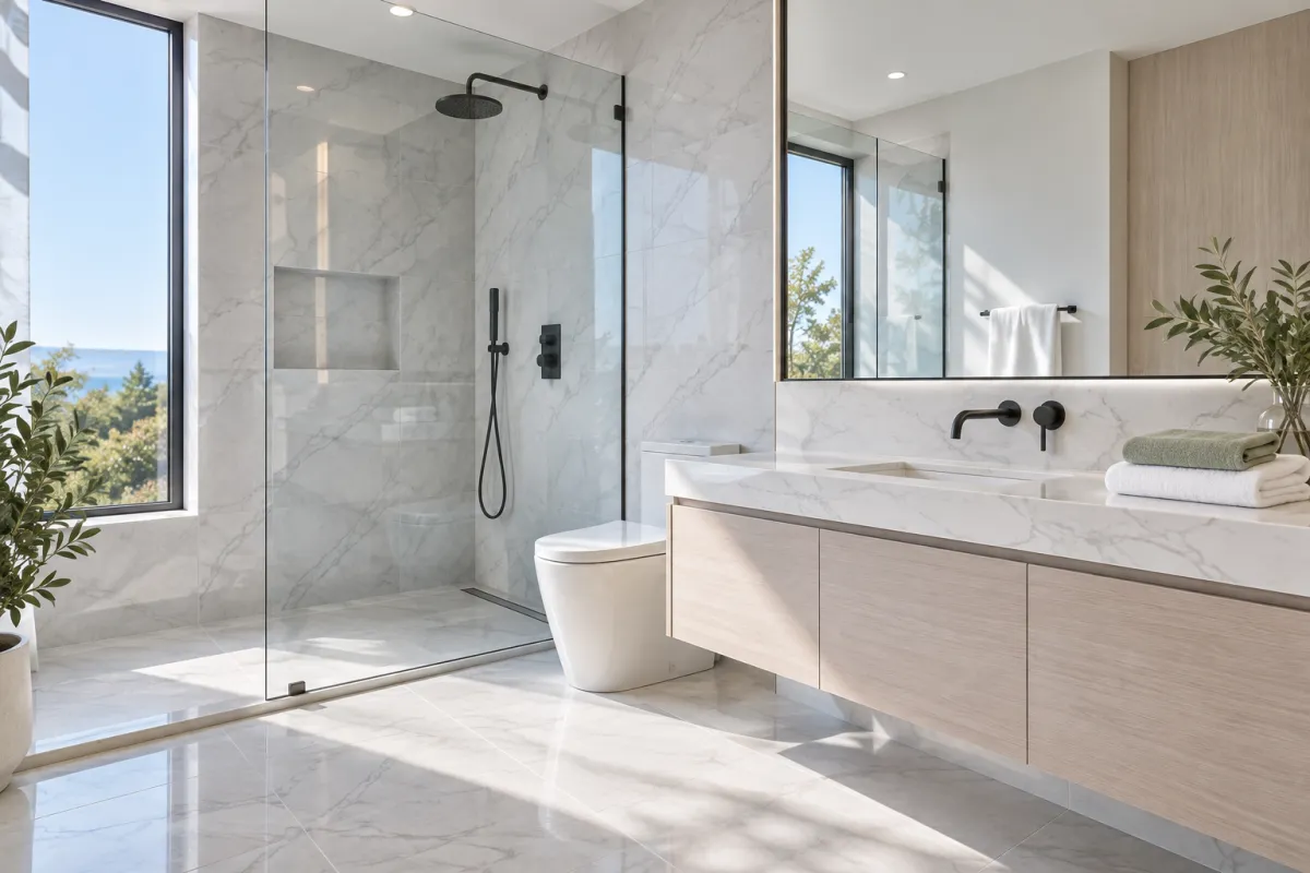 A bright, spotless modern bathroom with marble walls, a frameless glass shower, a floating light-wood vanity with matte-black fixtures, and white and sage towels