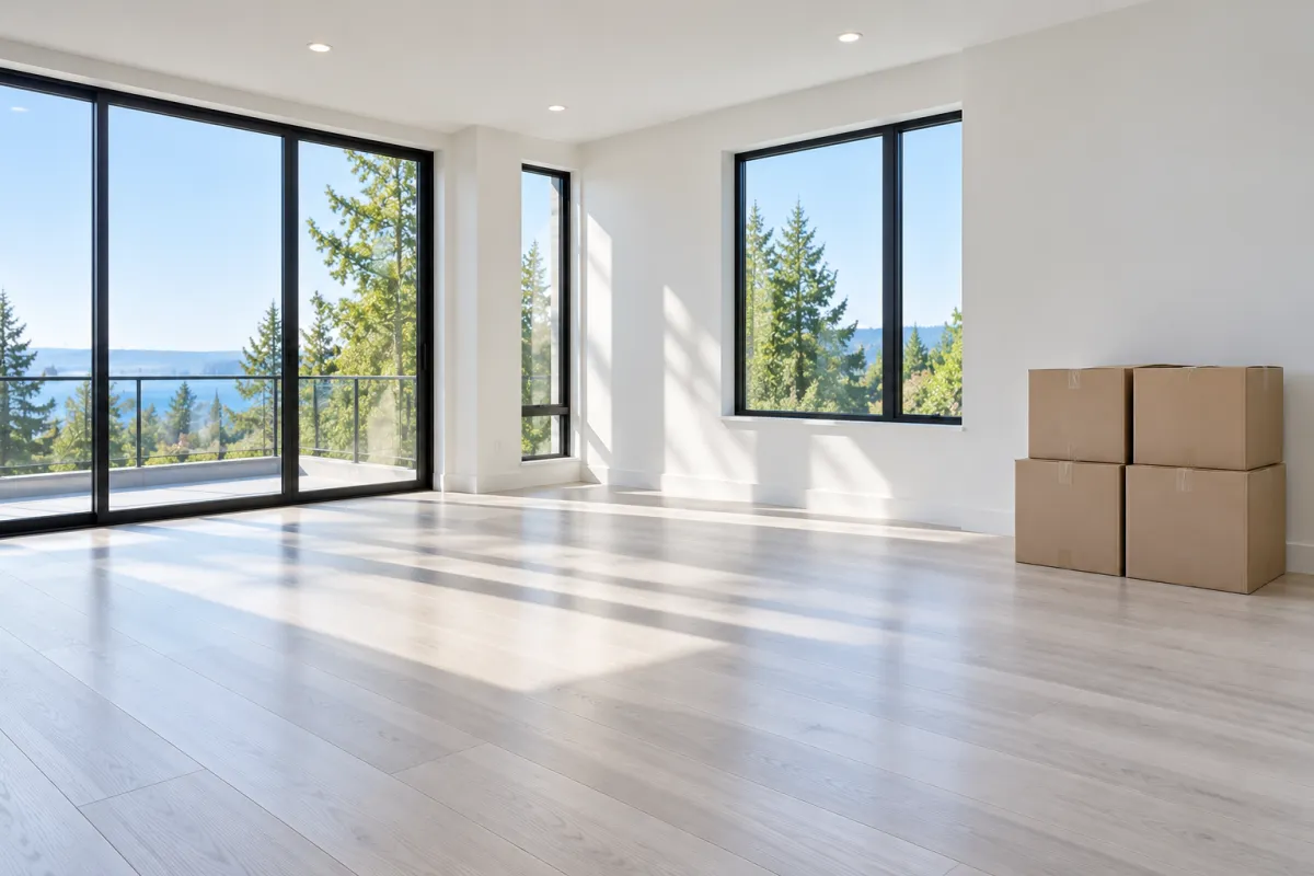 An empty, freshly cleaned living room with pale wood floors, large clean windows, and four sealed moving boxes stacked by the wall