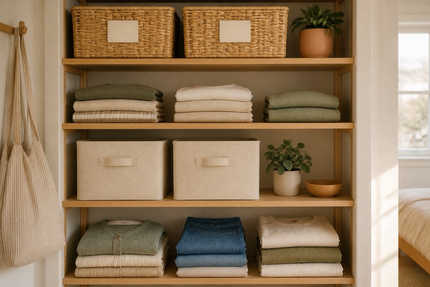 A tidy small-space shelving unit with labeled woven baskets, folded clothes and a few storage bins in cream and natural materials