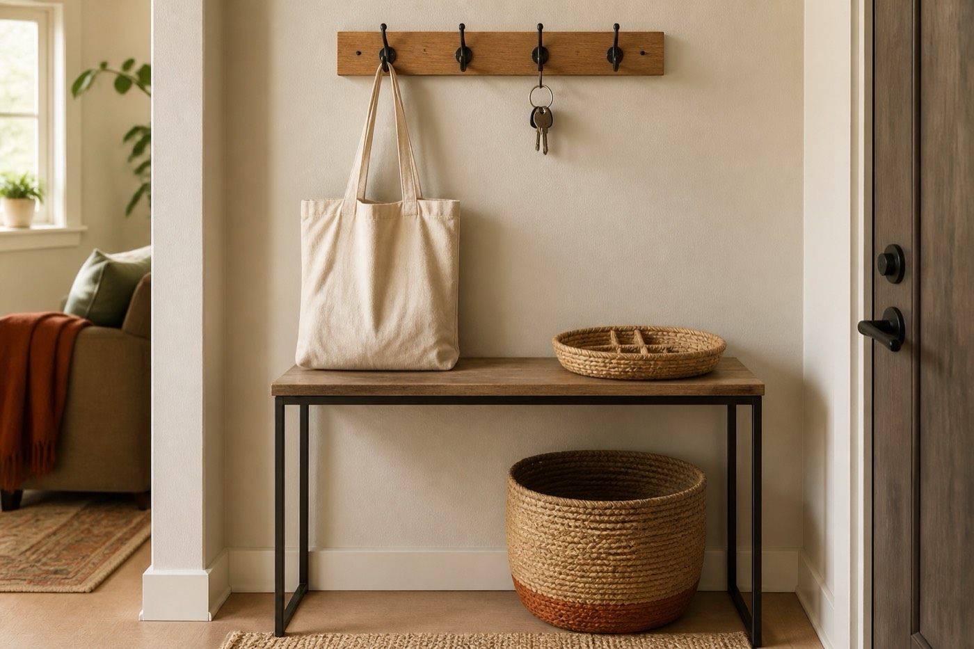 A small entryway organization vignette with a wall hook rail holding a bag and keys, a slim console with a woven catch-all tray, and a basket below