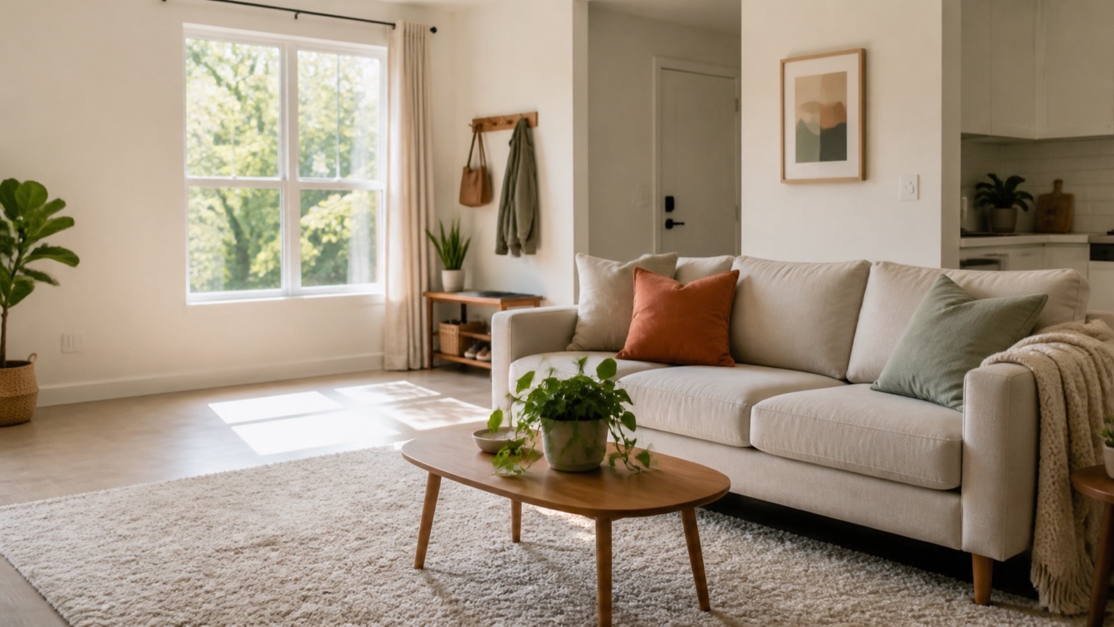 A bright, newly furnished living room with warm neutral furniture, terracotta and sage cushions, and a plant on the coffee table